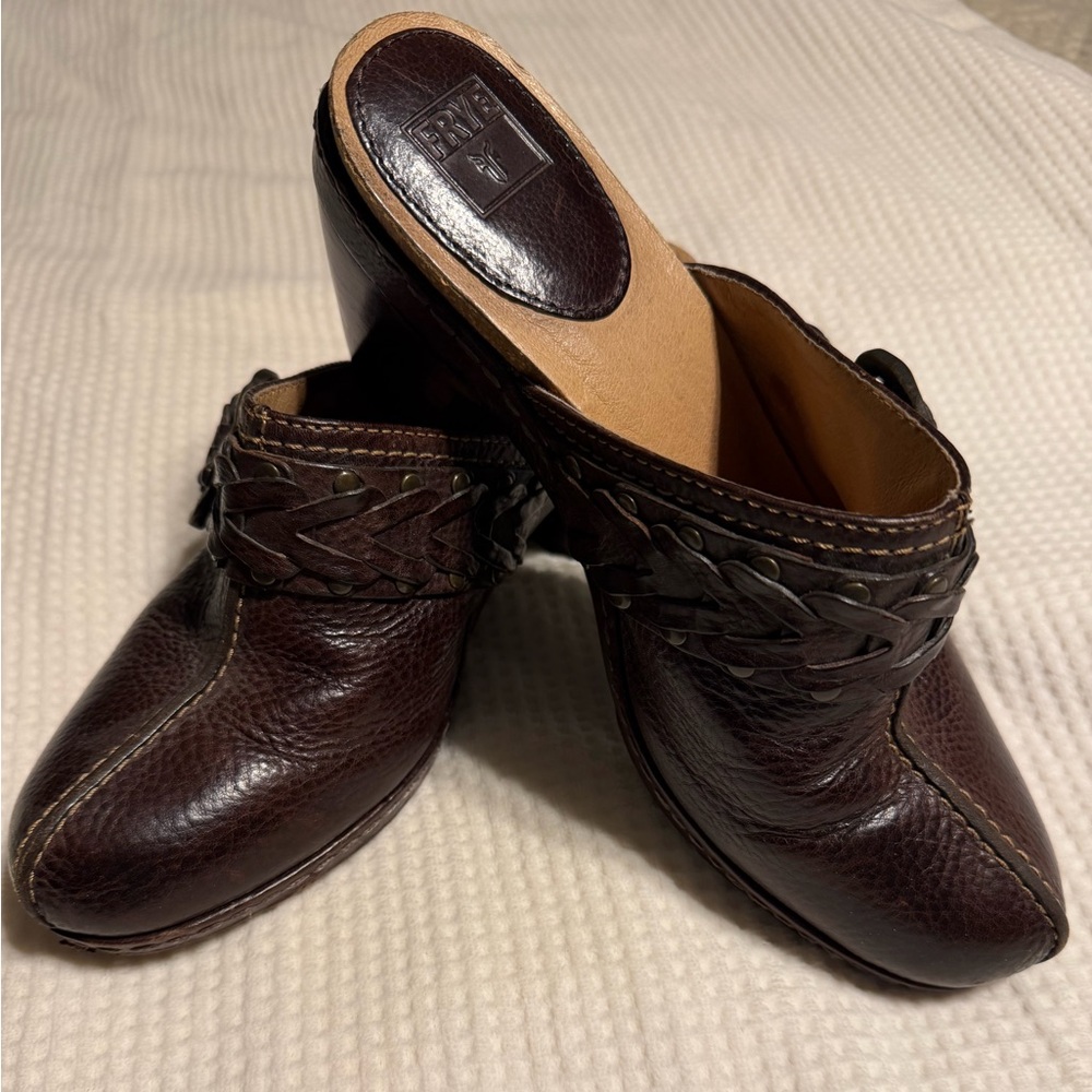 Frye Dark Brown Leather Woven Slip-On Clogs or Mules